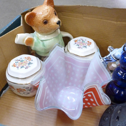 741 - A Beswick model of two Blue Jays, a Beswick Teddy bear novelty teapot, chip to spout, a pair of Wade... 