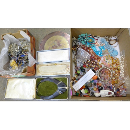 743 - Two boxes of costume jewellery; semi-precious stone necklaces, Indian jewellery, brass and copper ci... 