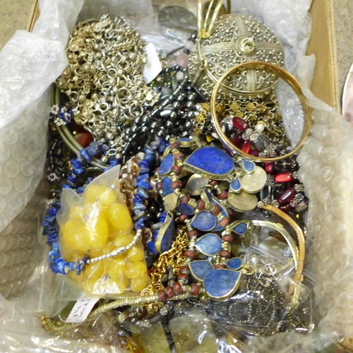 743 - Two boxes of costume jewellery; semi-precious stone necklaces, Indian jewellery, brass and copper ci... 