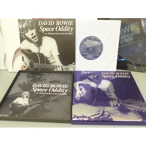 755 - David Bowie, Space Oddity two-single box set and a limited edition picture disc, Planet Earth Is Blu... 