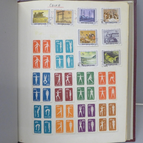 760 - Stamps; an album of mint and used China stamps including full mint set of gymnasts in blocks of four