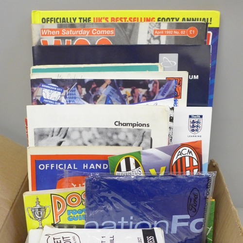 765 - Football memorabilia; a box of football ephemera including Guinness promotional 'football pundits', ... 