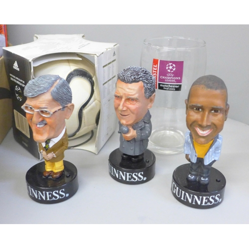 765 - Football memorabilia; a box of football ephemera including Guinness promotional 'football pundits', ... 