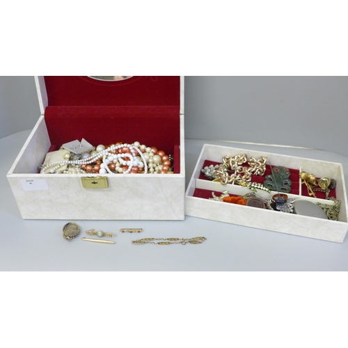 769 - A jewellery box with costume jewellery and some scrap 9ct gold (4.9g)