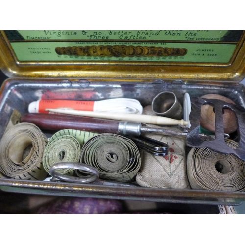 791 - An Edward VIII tin with buttons, a Navy Cut tin and a Huntley & Palmers vintage sewing kit, etc.