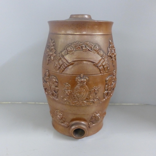 803 - A saltglaze wine barrel with applied Royal Coat of Arms, Knights, Lions and Oak Leaves, 31cm