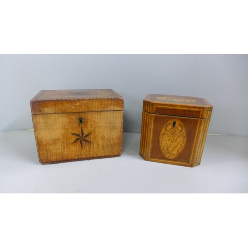 807 - Two wooden tea caddies, one early 19th Century, both with inlaid decoration