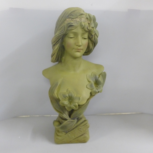 815 - An Art Nouveau style plaster bust of a French lady, 45cm