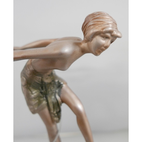 826A - An Art Deco style figure, Hoop Girl, after, F. Preiss, on an onyx base, 30.5cm