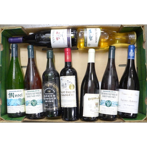 830 - Nine bottles of mixed wines including Liebfraumilch, Mosel, Saint-Emilion Grand Cru, Paul Masson, et... 