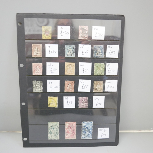 846 - Stamps; a stocksheet of early Swiss stamps (Rayons, Seated Helvetias, etc.) all identified and catal... 