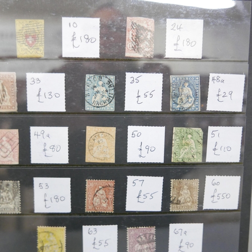 846 - Stamps; a stocksheet of early Swiss stamps (Rayons, Seated Helvetias, etc.) all identified and catal... 