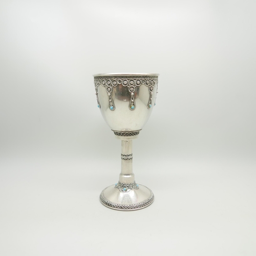 857 - A Stanetzky 20th Century silver and turquoise goblet with beaded detail, 97.6g, 14.5cm