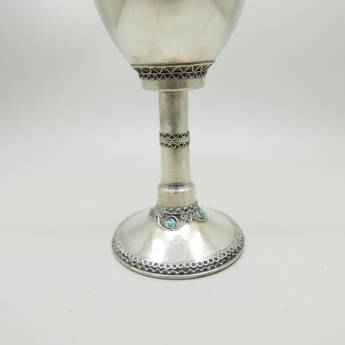 857 - A Stanetzky 20th Century silver and turquoise goblet with beaded detail, 97.6g, 14.5cm