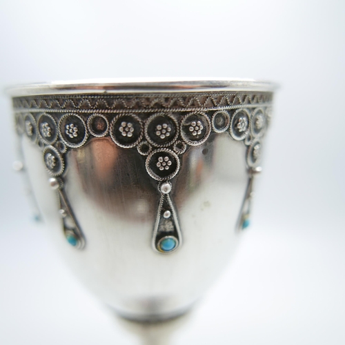 857 - A Stanetzky 20th Century silver and turquoise goblet with beaded detail, 97.6g, 14.5cm