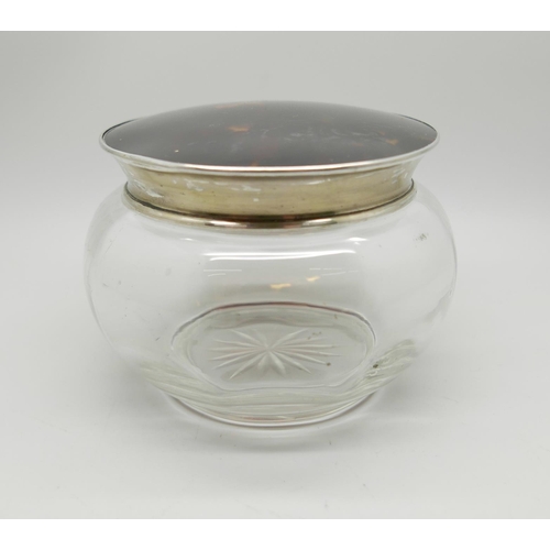 882 - A silver and tortoiseshell topped glass jar, Birmingham 1924