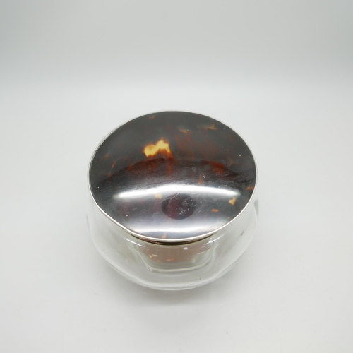 882 - A silver and tortoiseshell topped glass jar, Birmingham 1924