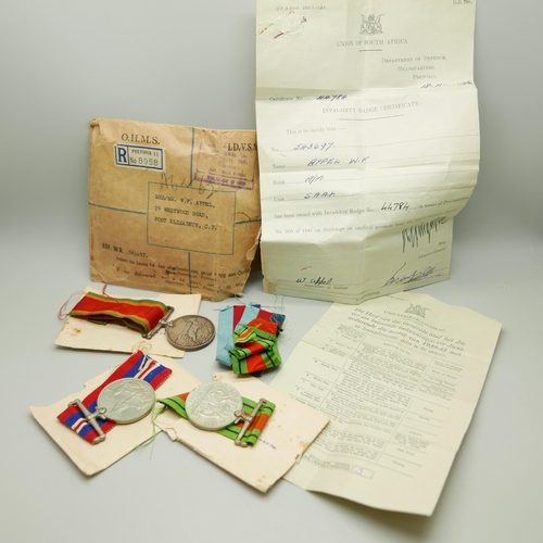 886 - A set of WWII medals including Africa Service Medal to 543697 W.F. Appel, with paperwork and envelop... 