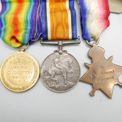 887 - A set of three WWI medals to Lieut. F.E. Mothersole, 5th Infantry, the Star marked Pte., with four d... 