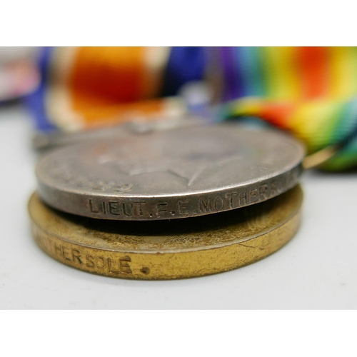 887 - A set of three WWI medals to Lieut. F.E. Mothersole, 5th Infantry, the Star marked Pte., with four d... 