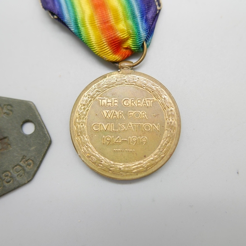 894 - A WWI Victory Medal, 241092 Pte. H.C. Naylor Northumberland Fusiliers, and a dog tag, Mallows 212989... 