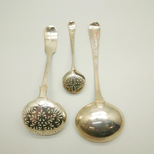 913 - Two silver sifter spoon and a silver ladle, 19th Century, 125g