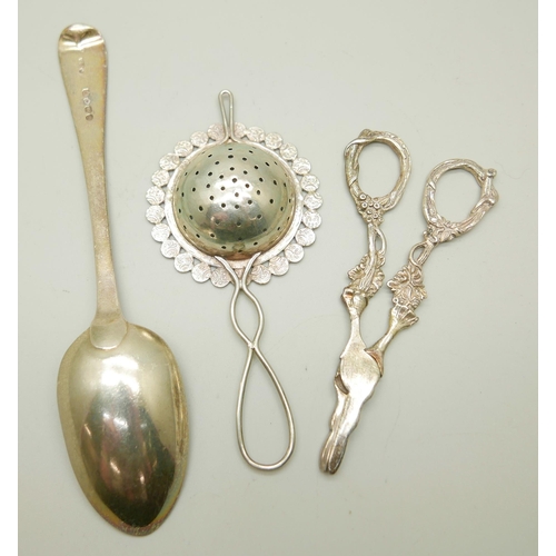 914 - A Victorian silver spoon by George Adams, a strainer and a pair of silver grape scissors, (spoon and... 