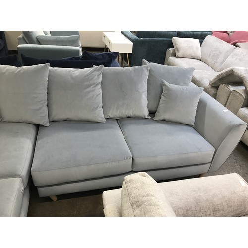 1467 - A steel blue velvet corner sofa and three seater sofa