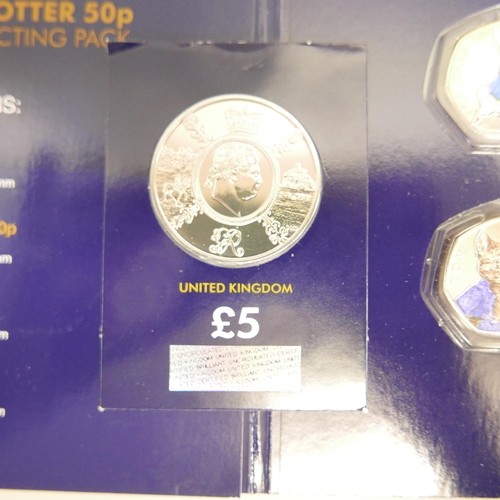 977 - Two 2017 UK Beatrix Potter 50p sets and a 2020 uncirculated £5 coin