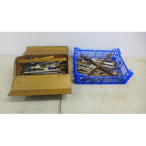 2011 - An Enox metal tool box with assorted hand tools and tray of spanners