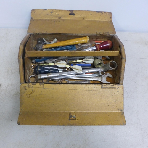 2011 - An Enox metal tool box with assorted hand tools and tray of spanners