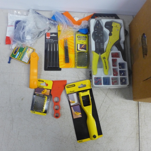 2025 - A box of assorted tools and consumables including wire cutters, assorted nails and screws, grout and... 