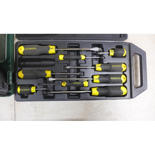 2032 - Two Stanley tool boxes and a set of Stanley screwdrivers and Bosch PSB600RE 240v hammer drill