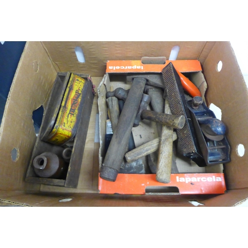 2057 - 2 Boxes of vintage tools including Woden No. W150 plane, axes, assorted saws, hammers, a portable Ca... 