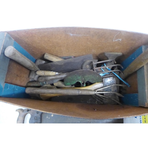 2057 - 2 Boxes of vintage tools including Woden No. W150 plane, axes, assorted saws, hammers, a portable Ca... 