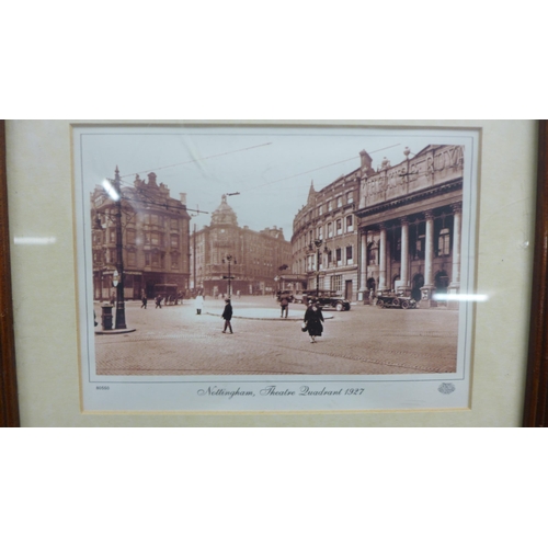 2073 - Four vintage framed prints including a picture of the Nottingham Theater Quadrant from 1927,  Belco ... 