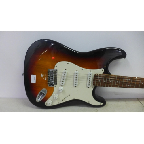 2089 - A Boston Strat style Sunburst electric guitar, a Gear 4 Music S15A 15w acoustic amplifier, an  Airbr... 