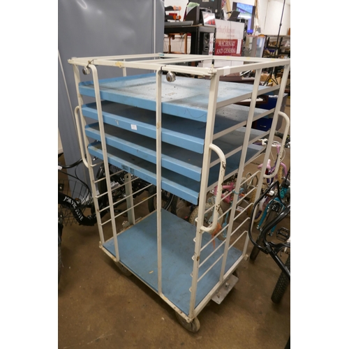 2157 - A four wheeled metal platform trolley with four shelves