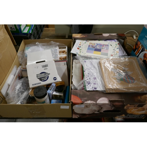 2353 - Two boxes of craft and card making supplies, backgrounds, paper, card, ink pads, foil, sentiments, e... 