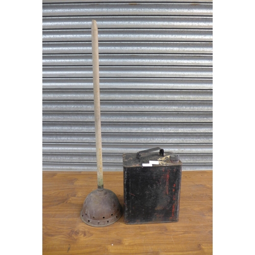 2291 - A vintage 3/- fuel can and a copper dolly stick