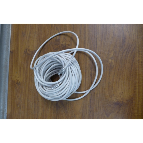 2304 - 2 Caravan/motor home hook up cables, a length of aerial cable, a waste tank and a 12v oscillating ca... 