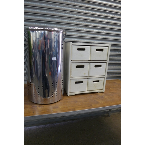 2310 - A six-section workshop storage cabinet and a Stainless steel Brabantia laundry bin