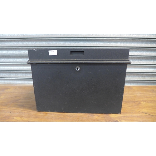 2314 - A 46 x 33 x 33cm metal lock box with key