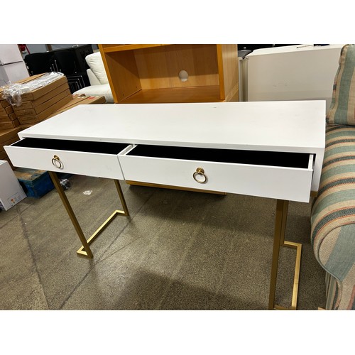 1548 - A white two drawer console table with gold legs