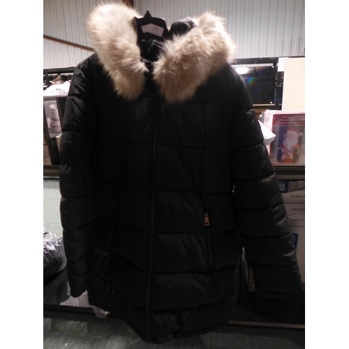 Women's black hooded DKNY coat - size XL * this lot is subject to VAT