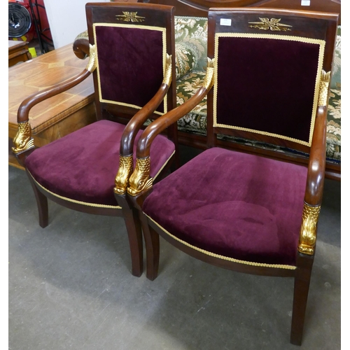 170 - A pair of 19th Century French Empire style mahogany, parcel gilt and fabric upholstered fauteuil cha... 