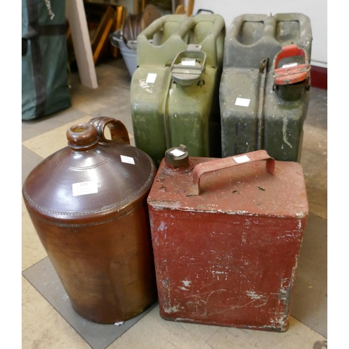 359 - Two Jerry cans, a stoneware flagon and one other