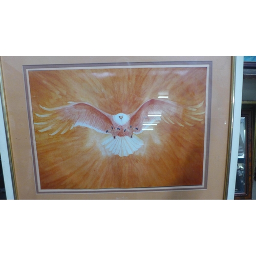 408 - A print of an owl, framed and an easel