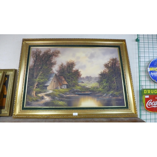 411 - Continental School (20th Century), cabin by a lake, oil on canvas, indistinctly signed, framed