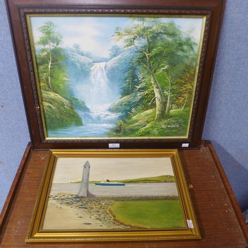 413 - R. Danford, waterfall landscape, oil on canvas and J. Kerr, harbour scene, oil on board, both framed